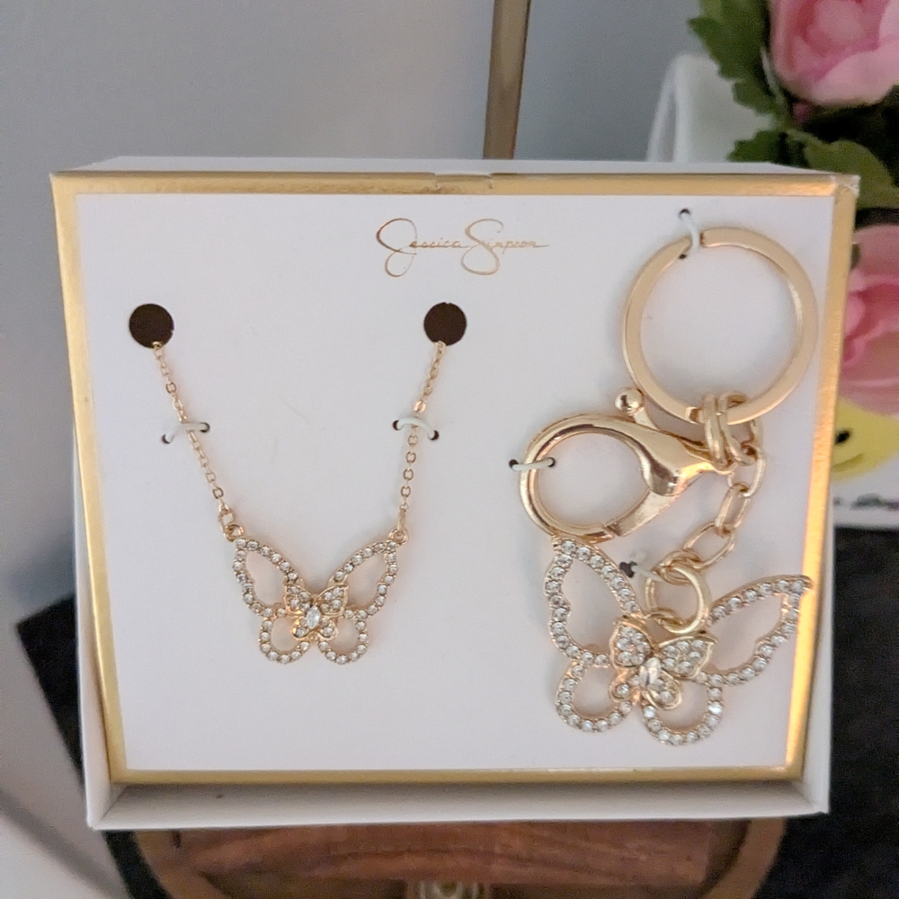 Gold Butterfly Necklace and Keychain Set